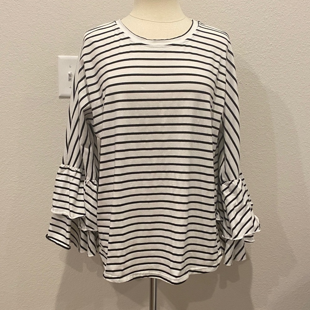 Umgee Black & White Striped Ruffle Bell Sleeve Top XL
